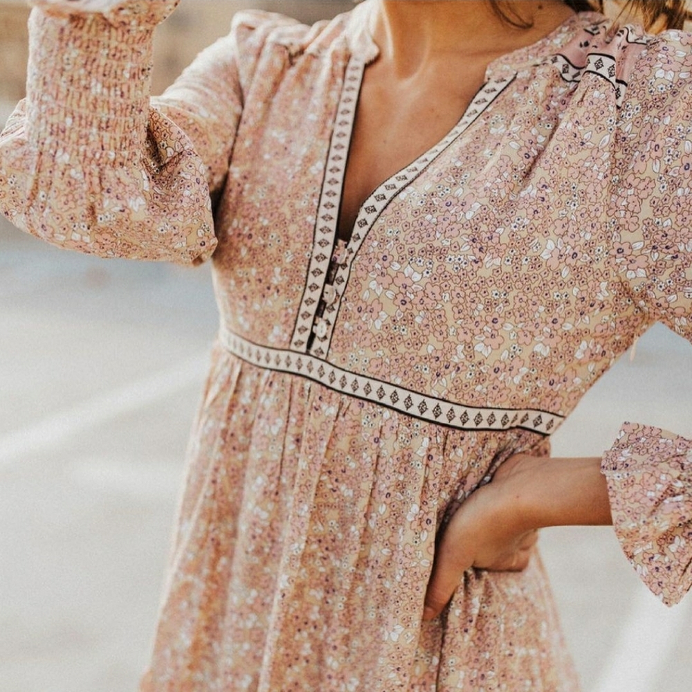 Long Sleeve Boho Pink Floral Maxi Dress